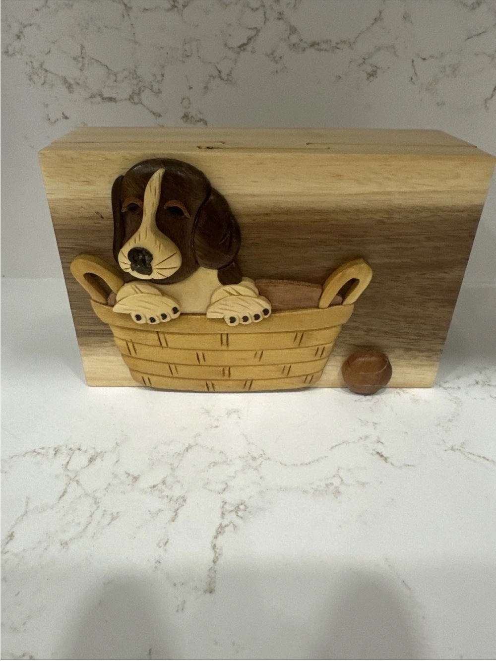 Carver Dan's Dog In Basket w/Baseball Handcrafted Wood Puzzle Box